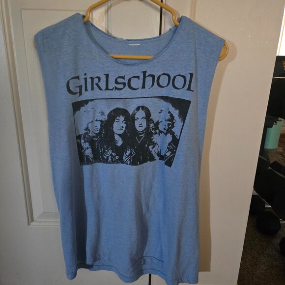 RARE 80s Girlschool Female Rock/Metal Band Orig. DIY Concert Cutoff T-Shirt S/M - Picture 1 of 11